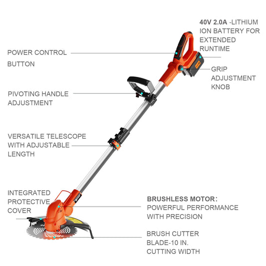 UKOKE ST2308-B 40V Cordless Grass Trimmer/Brush Cutter,Interchangeable Blade, with 2.0Ah Lithium-Ion Battery & Charger | Brushless Motor | 6500 RPM No-Load Speed | Lawn Trimming and Brush Cutting