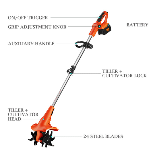 Ukoke Cordless Tiller Cultivator 40V 2.0 A Battery 280 max RPM Powered Tiller Cultivator, w/24 Steel Blade Cultivate Max Tilling 5'' deep Path by 7.8'' Wide, Orange, CT1940
