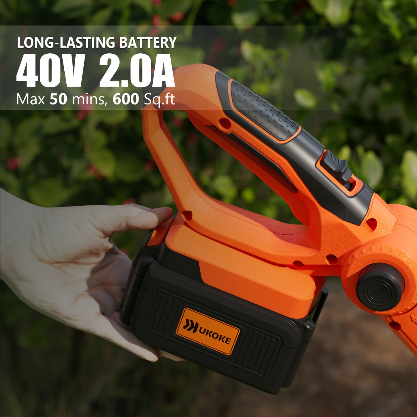 Ukoke Cordless Tiller Cultivator 40V 2.0 A Battery 280 max RPM Powered Tiller Cultivator, w/24 Steel Blade Cultivate Max Tilling 5'' deep Path by 7.8'' Wide, Orange, CT1940