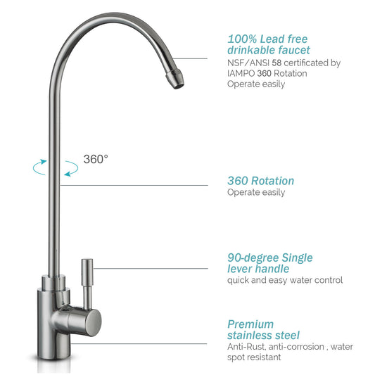 Ukoke Premium Stainless Steel Drinking Reverse Osmosis Water Filtration Systems, 100% Lead-Free RO Faucet, Spotless Chrome