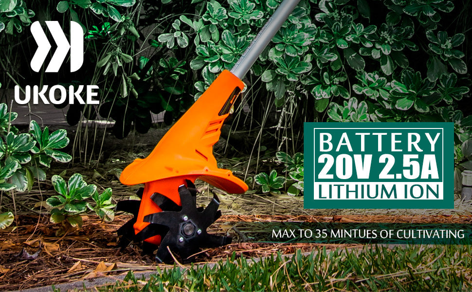 Cordless electric garden tiller with orange body cultivating soil, surrounded by plants