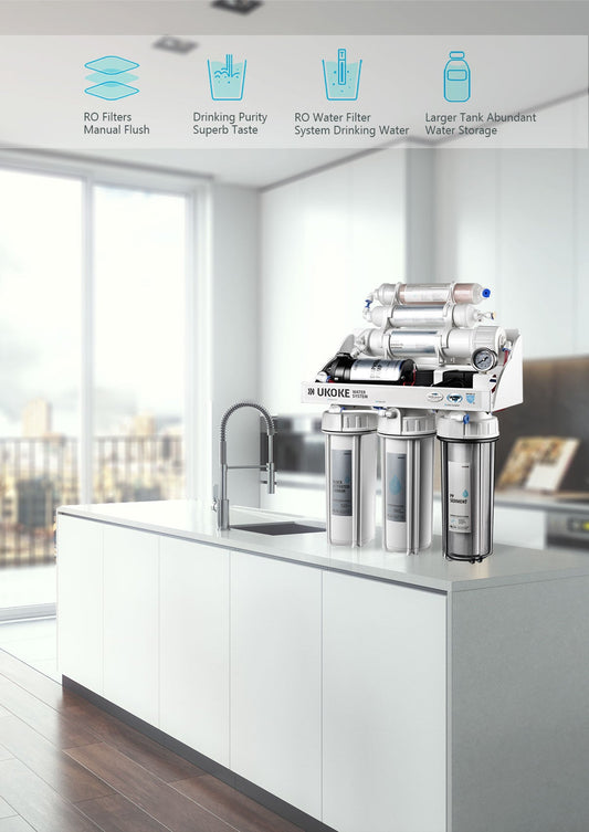 RO water filter system with multiple filtration cartridges on modern kitchen counter