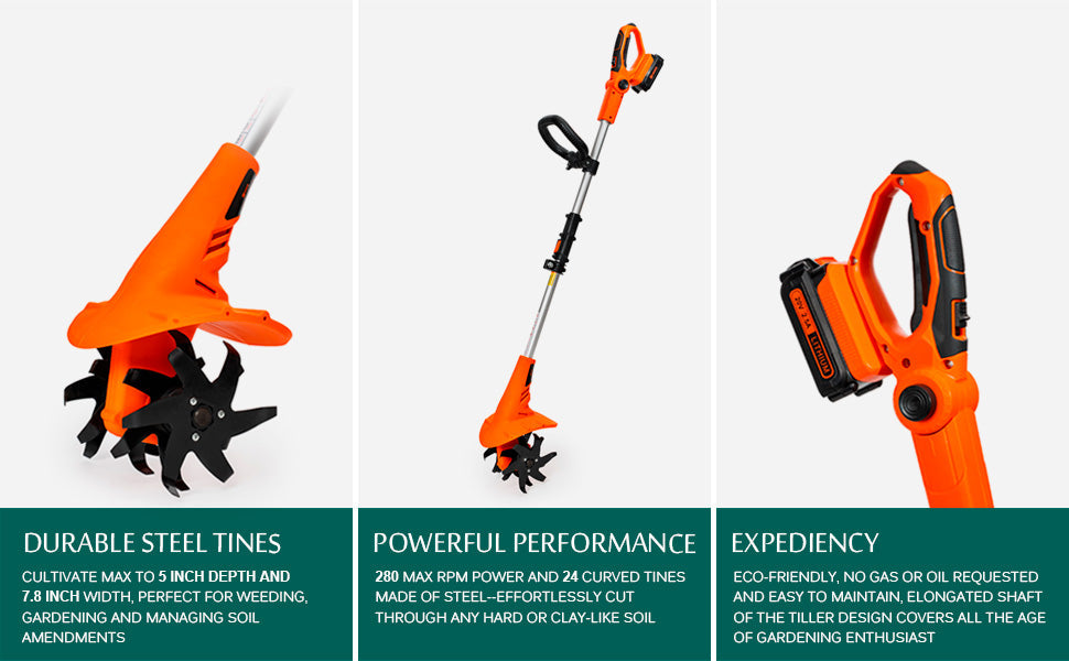 Orange cordless electric garden tiller with steel tines, adjustable handle, and battery pack