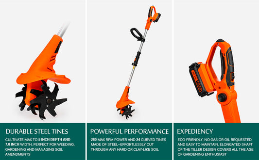 Orange cordless electric garden tiller with steel tines, adjustable handle, and battery pack