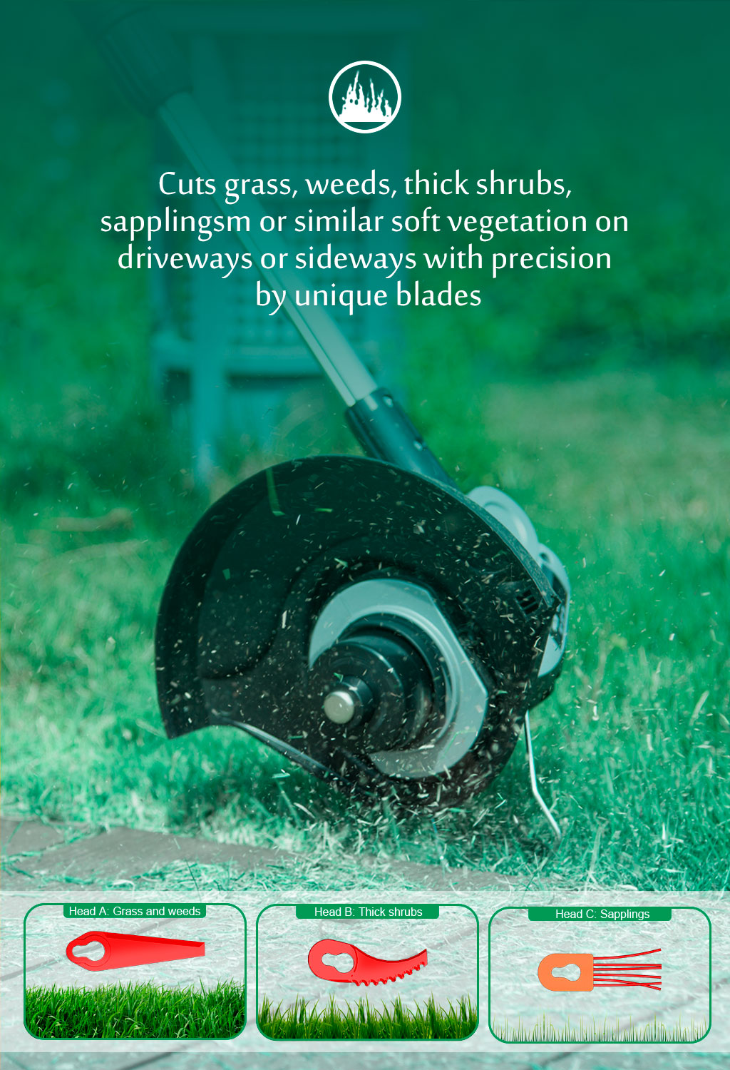 Electric trimmer cutting grass with unique blade heads for grass, shrubs, and saplings