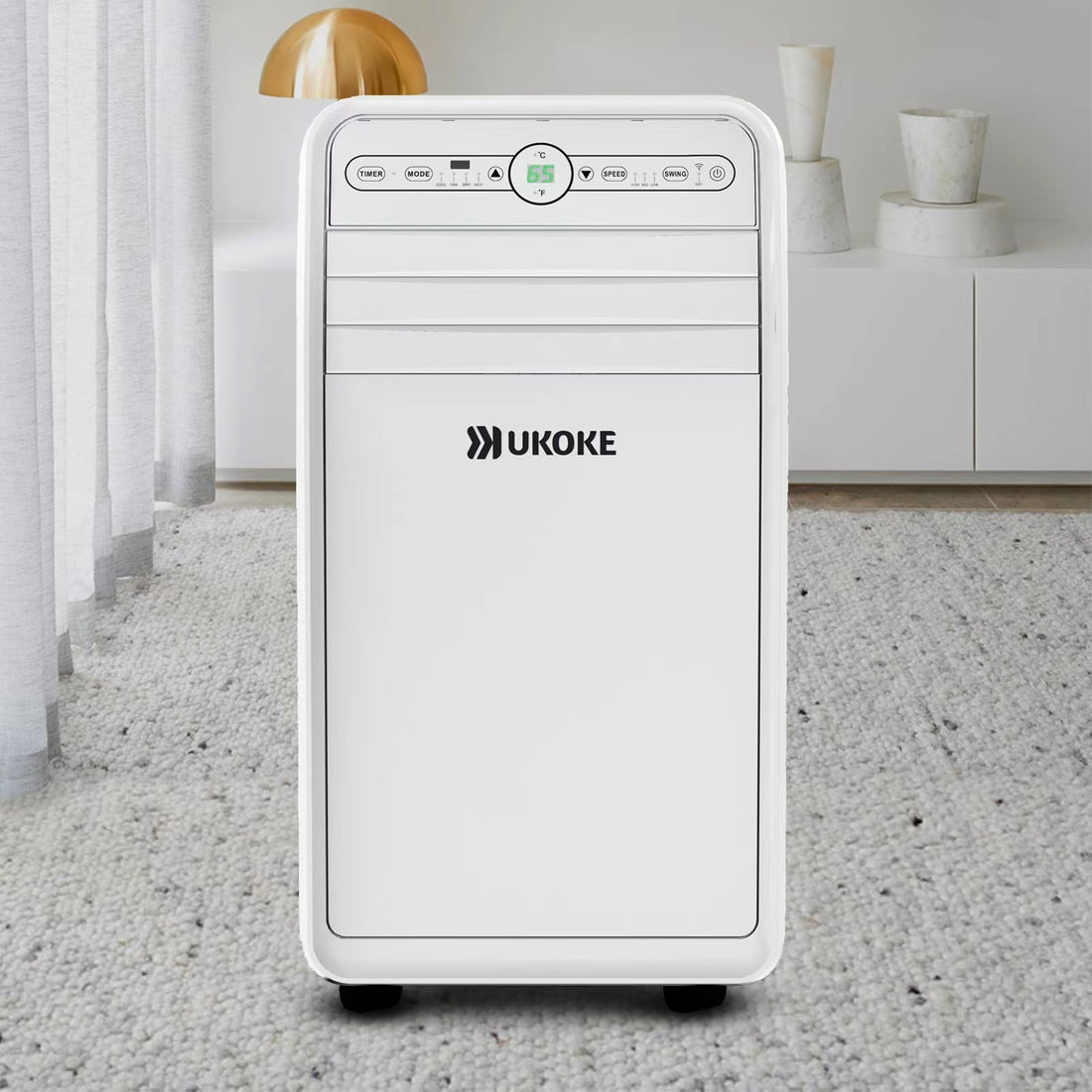 Portable air conditioner with digital control panel in modern living room setting