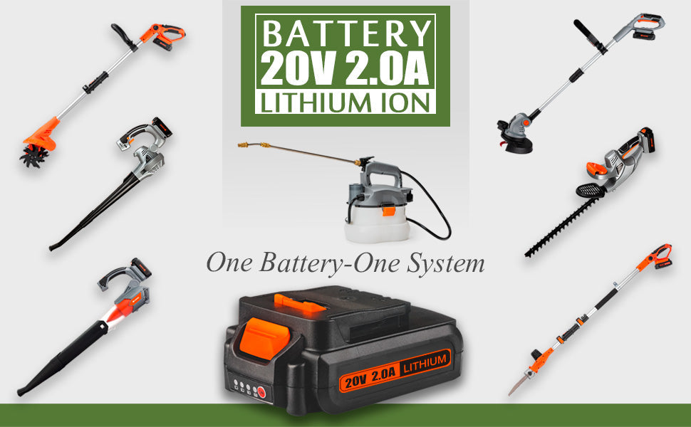 20V 2.0A lithium ion battery with cordless garden tools, including trimmer, blower, hedge trimmer, and sprayer.