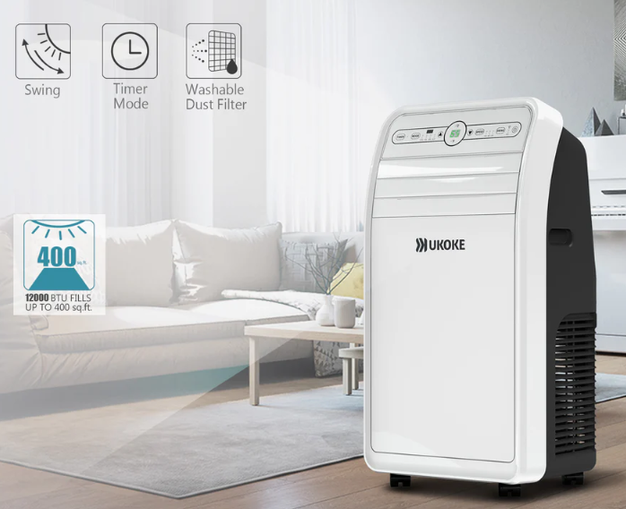 Portable air conditioner with digital controls in a modern living room, 12000 BTU for up to 400 sq ft, featuring swing, timer mode, and washable dust filter.