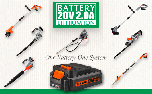 Cordless garden tools set with 20V lithium ion battery, including trimmer, blower, sprayer, hedge trimmer, and edger.