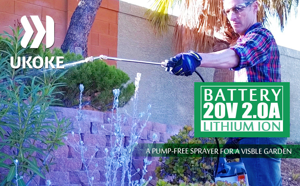 Man using battery-powered 20V lithium ion garden sprayer outdoors near plants and brick wall