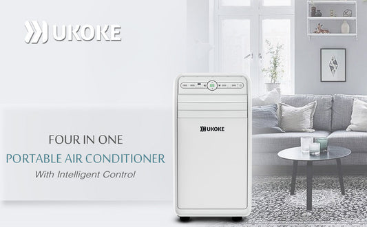 Portable air conditioner with digital display in modern living room setting