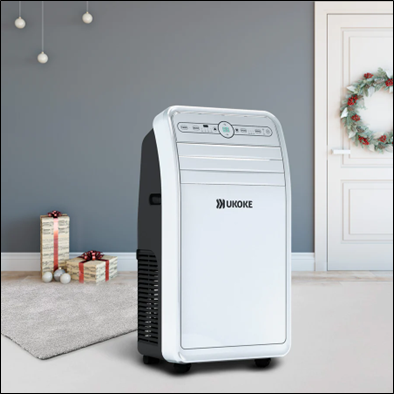 Portable air conditioner in modern living room with holiday decor and gifts