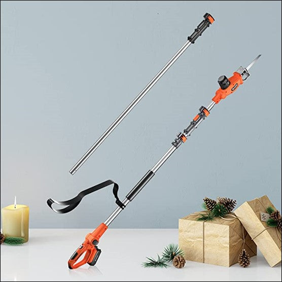 Cordless pole saw with 8.3-inch blade for tree trimming, shown with handle and gifts