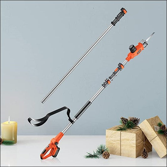 Cordless pole saw with 8.3-inch blade for tree trimming, shown with handle and gifts