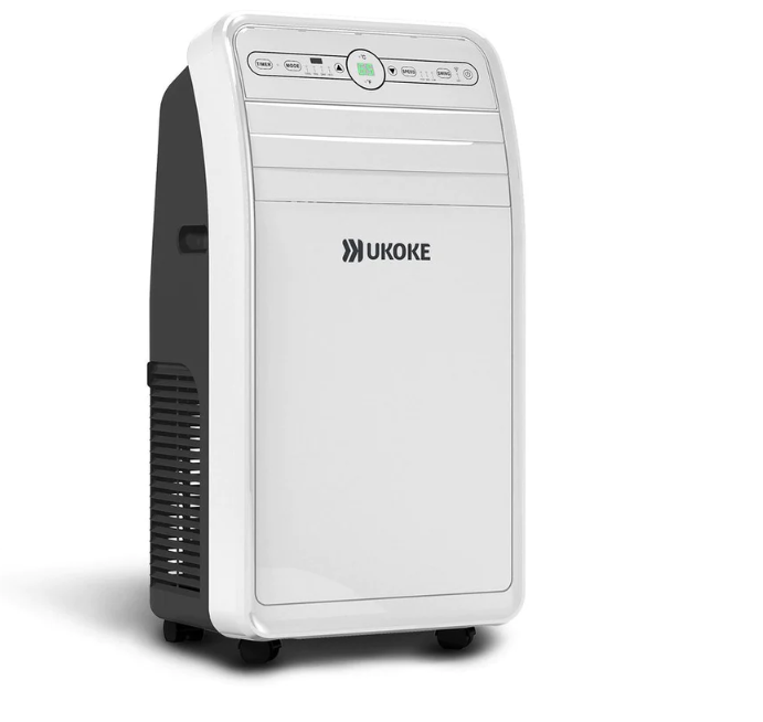 Portable white air conditioner with digital control panel and wheels, suitable for home use