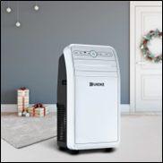 Portable air conditioner in a modern living room with holiday decorations