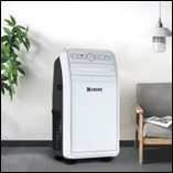 Portable air conditioner in modern living room with plant and hanging light