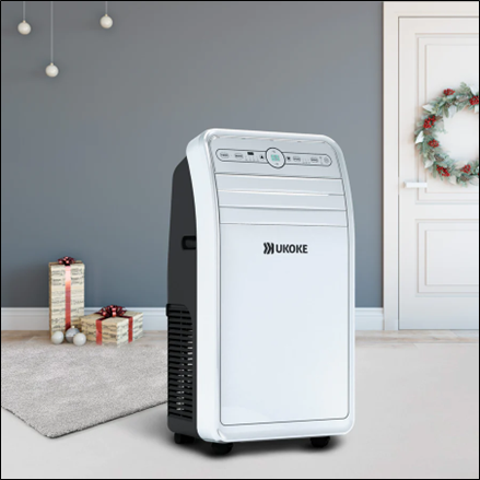 Portable air conditioner in a modern living room with holiday decor and presents