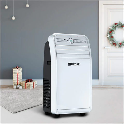 Portable white air conditioner in a modern living room with holiday decor and gifts