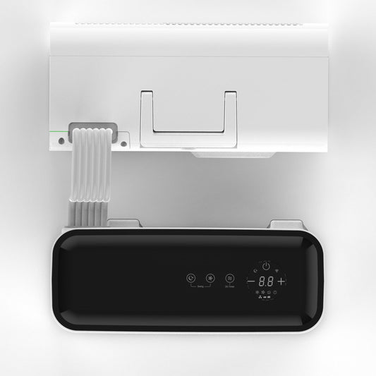 Top view of a smart home air conditioner unit with digital display and control panel