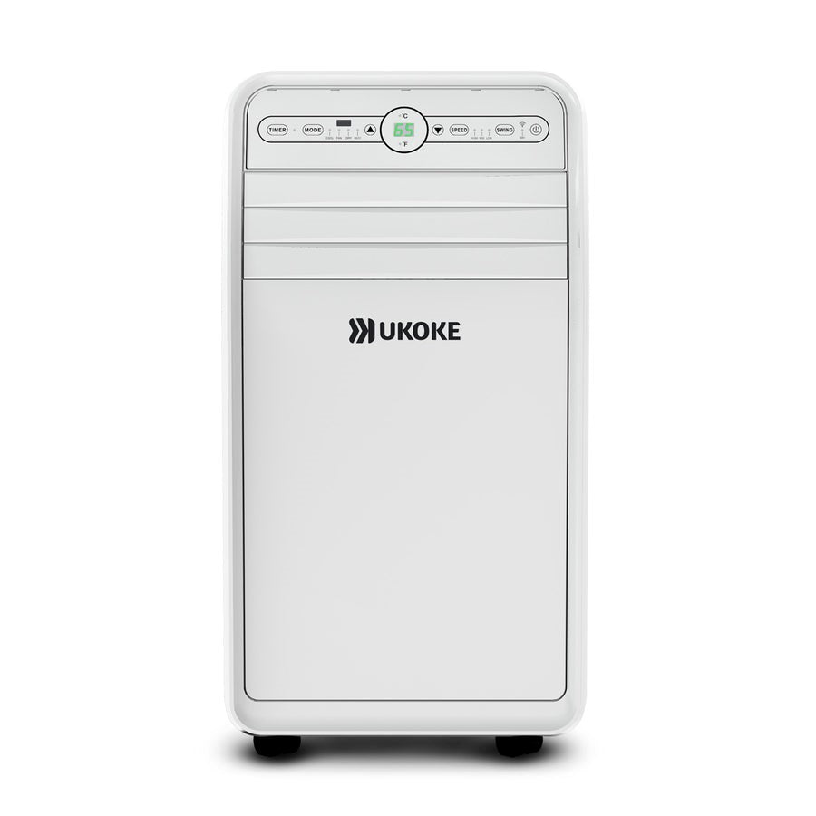 Portable air conditioner with digital display and control panel, white color on wheels