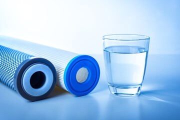 Water filter cartridges and a glass of clean water on a blue background.