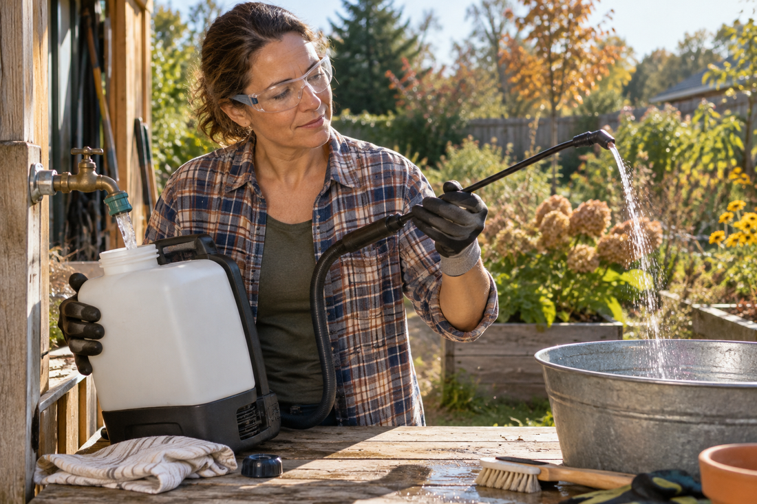 AI-generated illustration of safely rinsing a garden sprayer after summer use