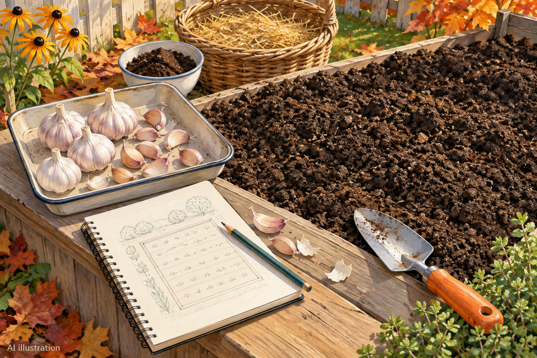 AI illustration of garlic cloves, a planting notebook, a trowel, and a prepared autumn garden bed.