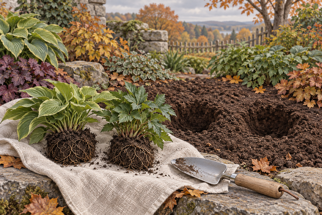 AI-generated illustration of small perennial divisions and prepared planting spaces.