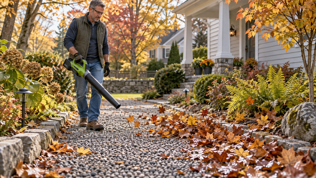 AI-generated illustration of clearing wet fall leaves from a gravel path
