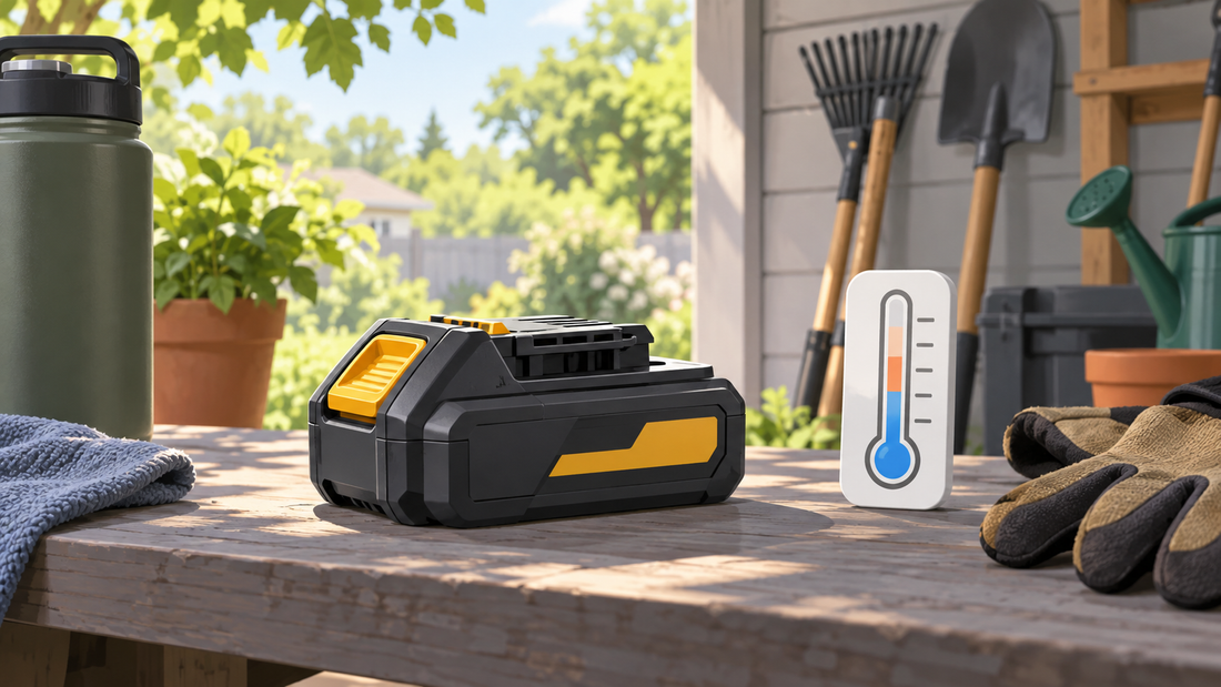 AI illustration of a cordless 20V battery cooling on a shaded workbench