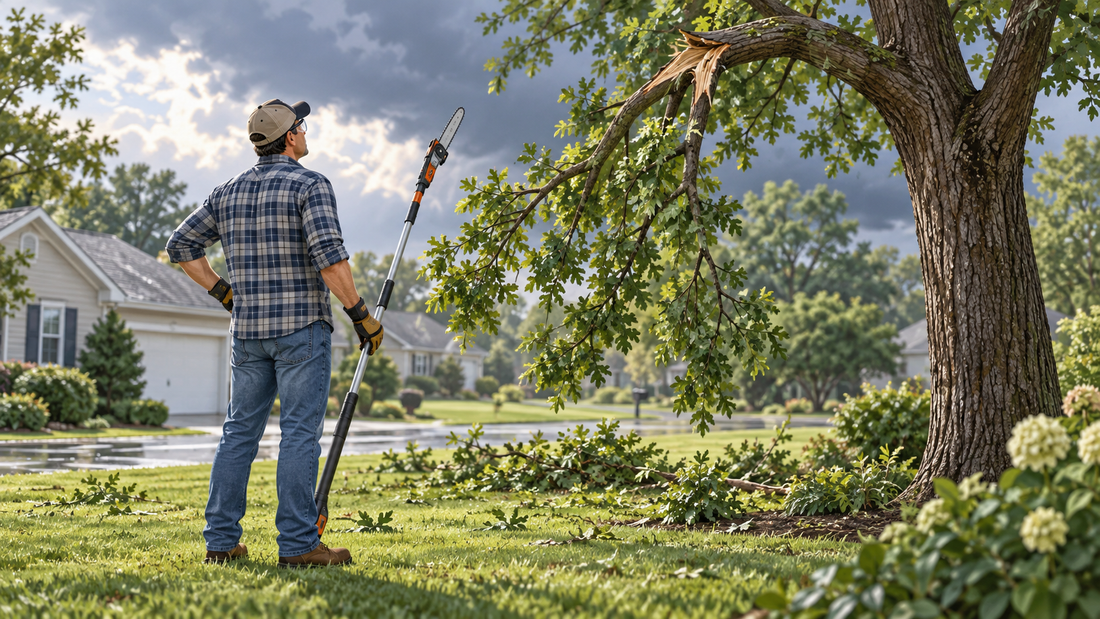 AI-generated illustration of a homeowner inspecting a storm-damaged tree limb from a safe distance