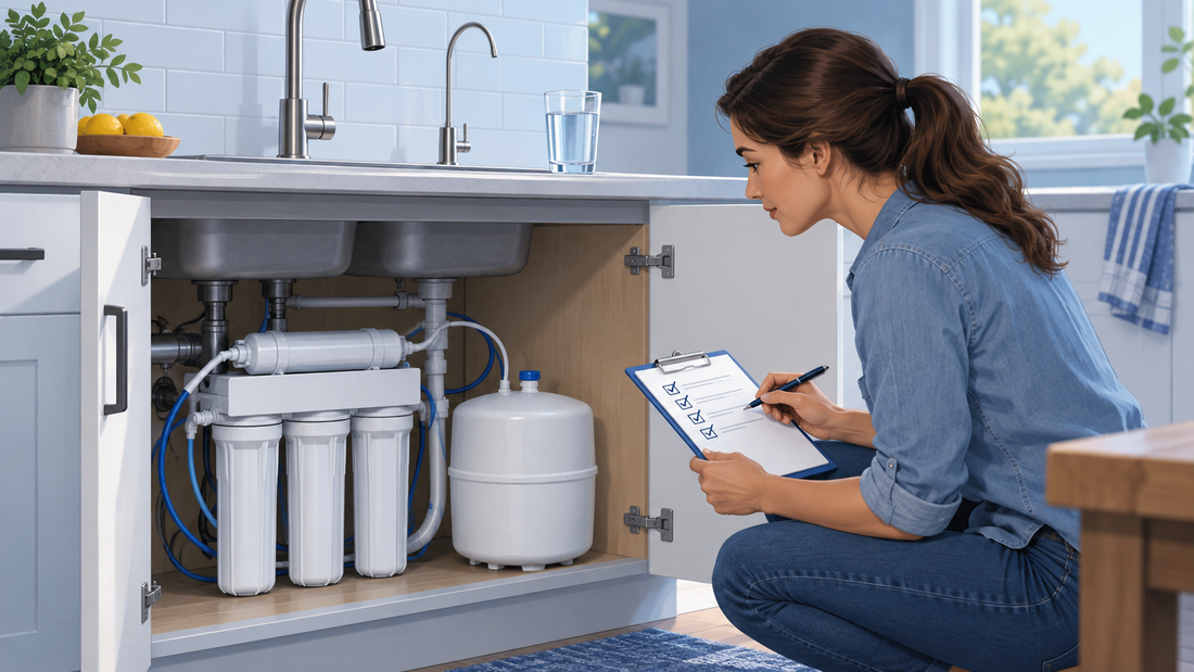 AI-generated illustration of a homeowner checking an under-sink reverse osmosis system during a water advisory