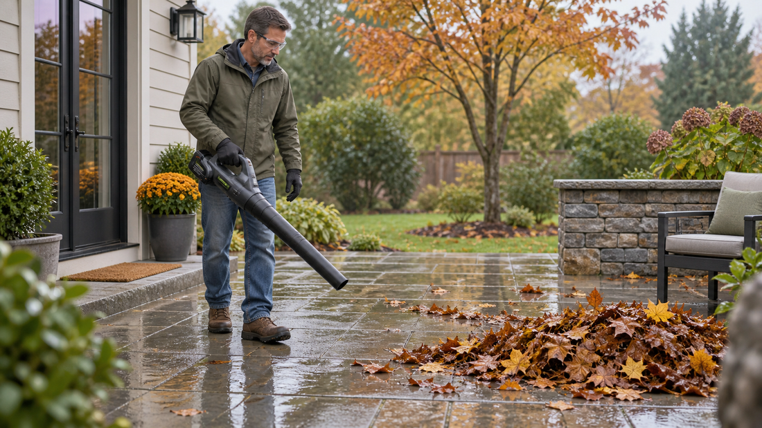AI illustration of inspecting a cordless pole hedge trimmer before fall cleanup