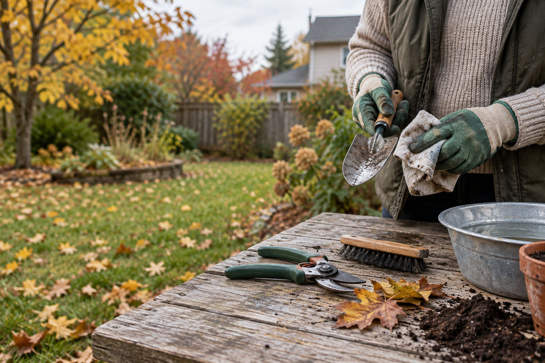 AI-generated illustration of cleaning fall garden tools at a backyard workbench