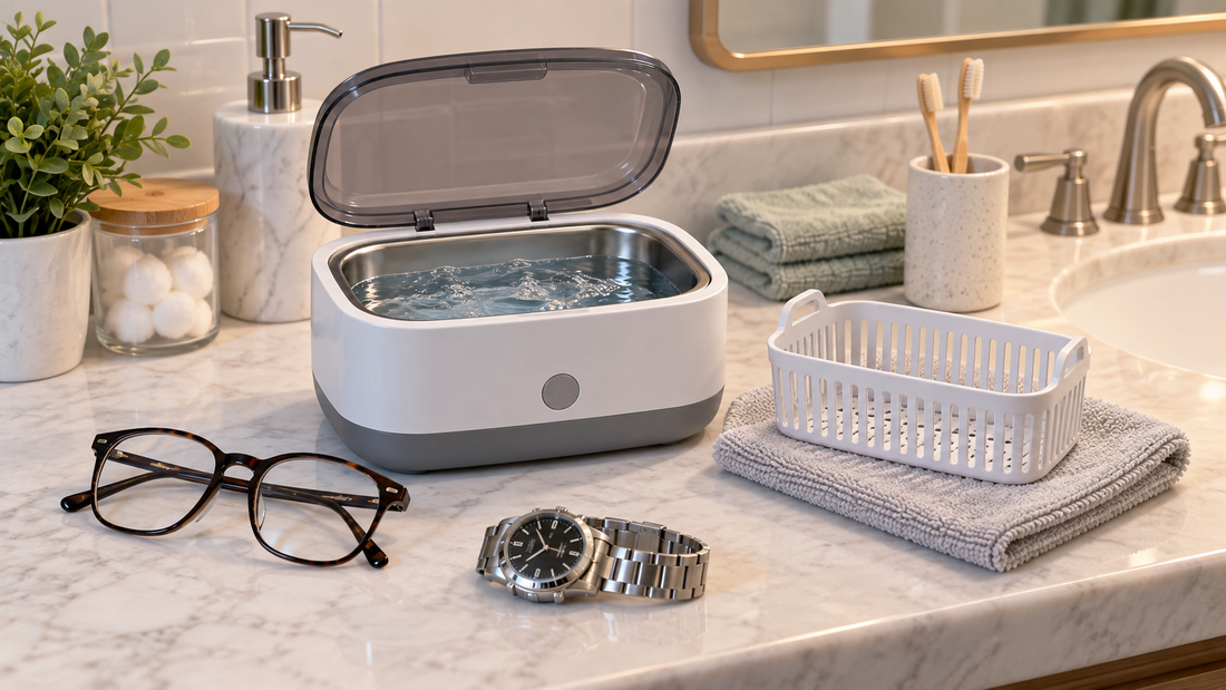 AI-generated illustrative ultrasonic cleaner with eyeglasses and watch kept outside the tank