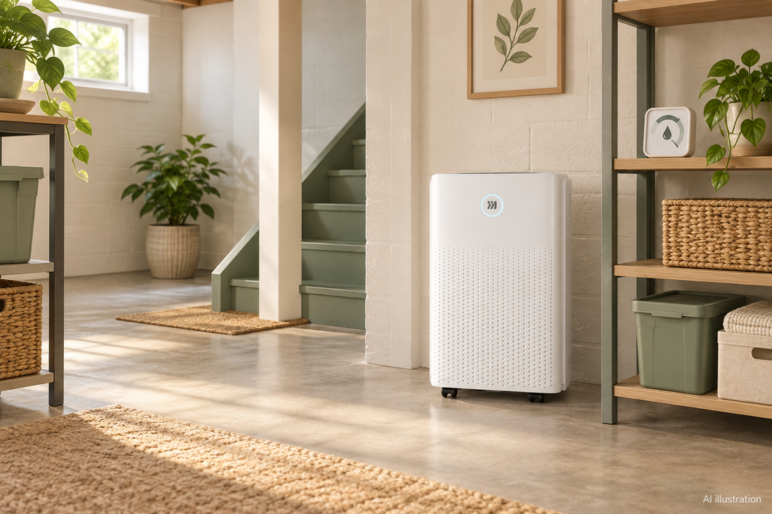 AI-generated illustration of a white dehumidifier and humidity gauge in a basement; not an installation photograph.