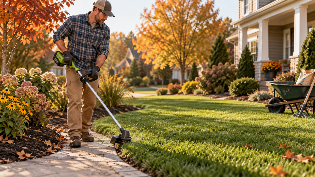 AI-generated illustration of early-fall lawn edging before overseeding