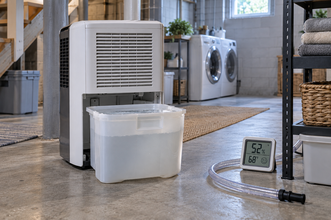 AI illustration of a dehumidifier bucket filling overnight