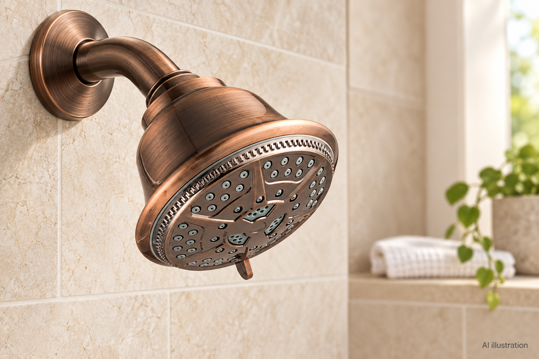 AI illustration of a bronze fixed showerhead with water off; not a measured performance test.
