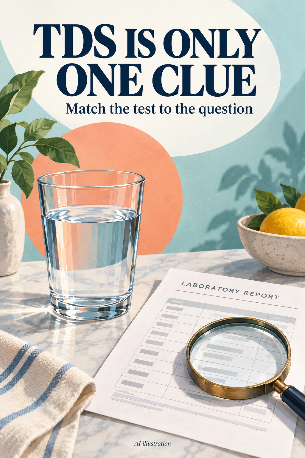 AI illustration of a glass of water beside an abstract laboratory report and magnifying glass, with the words TDS Is Only One Clue.