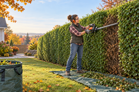 AI illustration of staged hedge trimming from stable ground