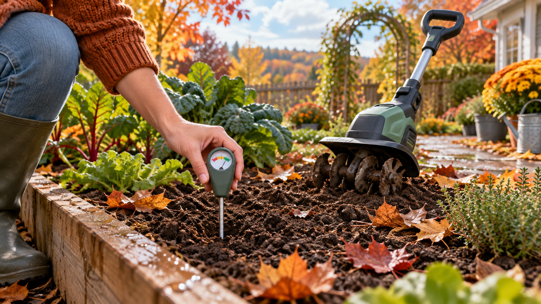 AI-generated illustration of testing fall garden soil moisture before tilling