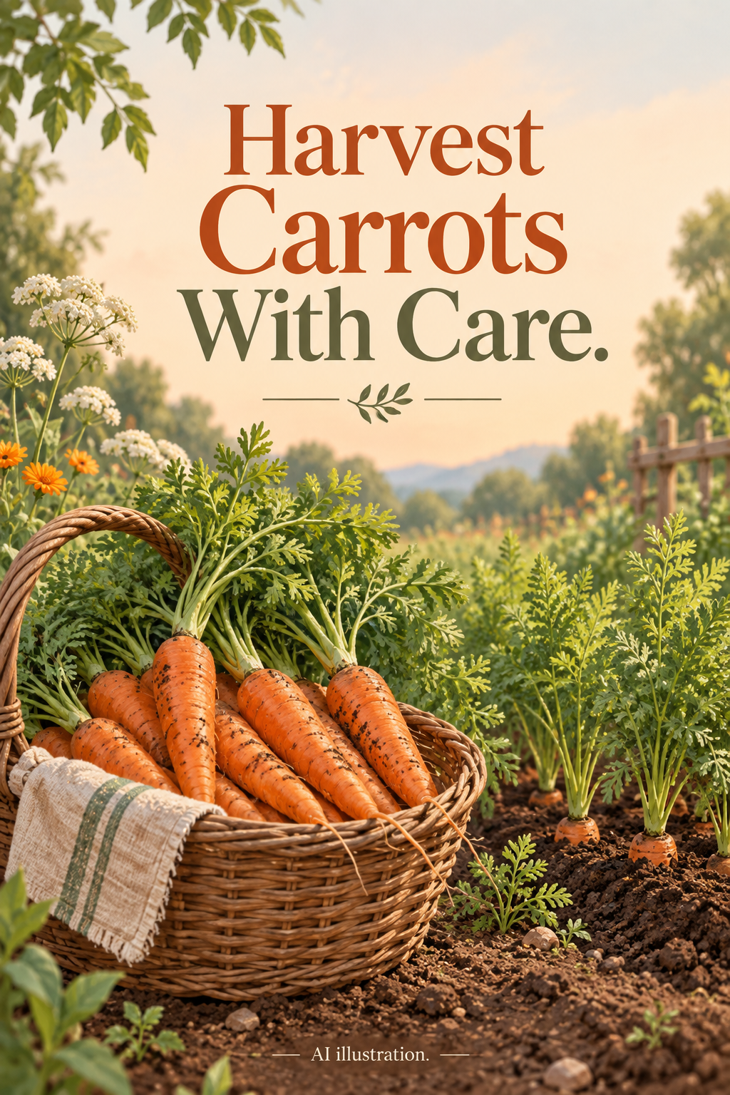AI illustration of a basket of carrots beside a carrot bed, with the words Harvest Carrots With Care.