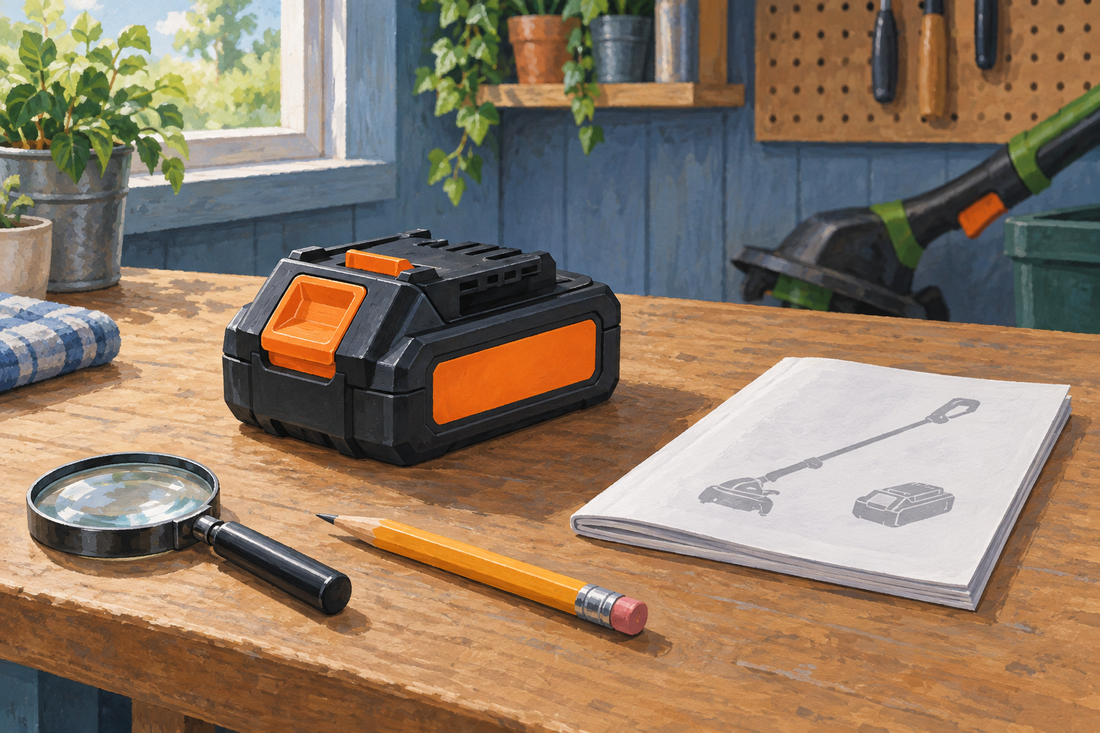 AI illustration of a disconnected black and orange cordless tool battery beside a booklet and magnifying glass