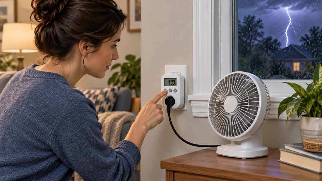 AI illustration of a digital plug timer and fan after a storm; not an official product photo or electrical test