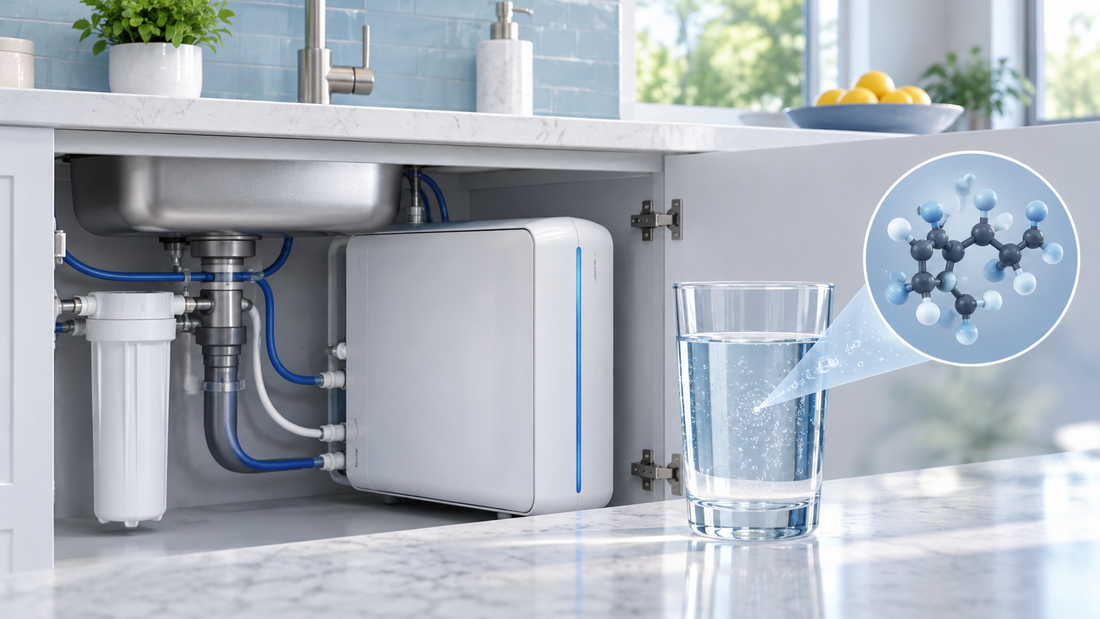 AI illustration of an under-sink reverse osmosis system and a glass of water with an abstract molecular symbol