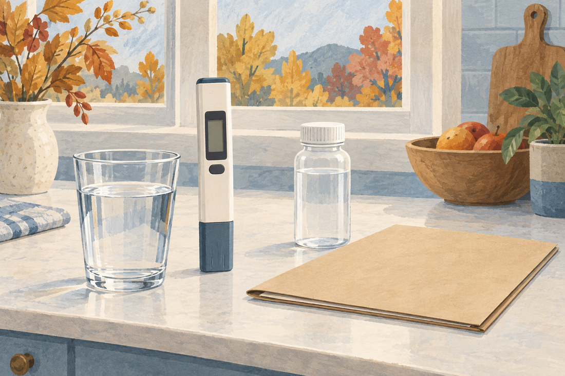 AI illustration of a glass of water, a handheld meter with blank screen, and a closed laboratory-report folder in an autumn kitchen