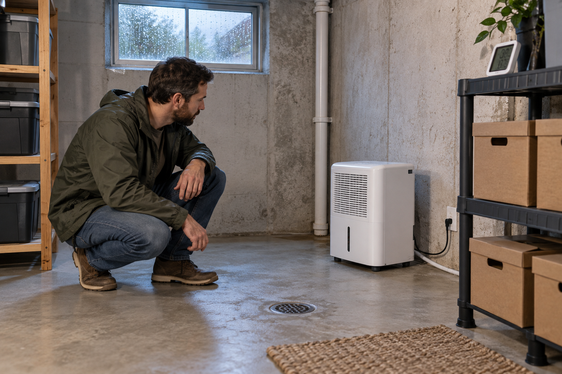 AI-generated illustrative image of a homeowner checking a basement dehumidifier after rain