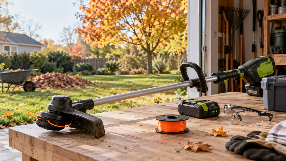 AI illustrative cordless string trimmer, battery, line spool and safety glasses prepared for fall yard work